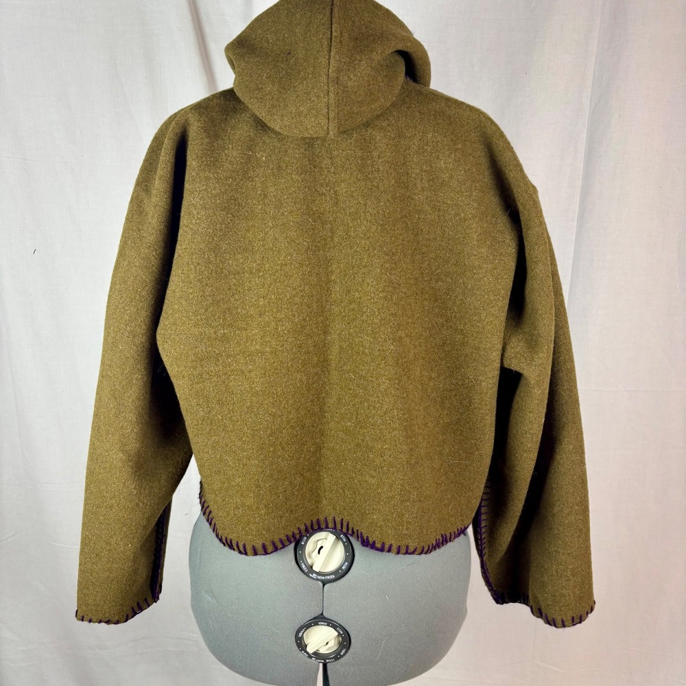 Handmade Hooded Cropped Jacket from Army Green‎ Blanket Button Front Pockets | L - Picture 10 of 16
